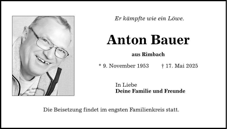 Traueranzeige Anton Bauer