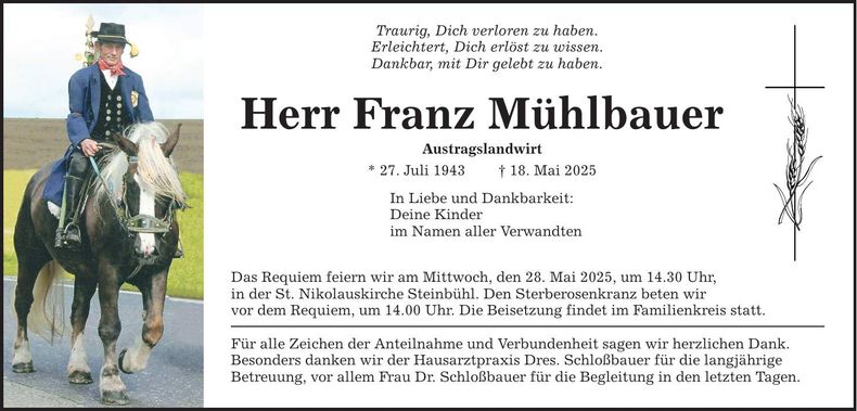 Traueranzeige Franz Mühlbauer