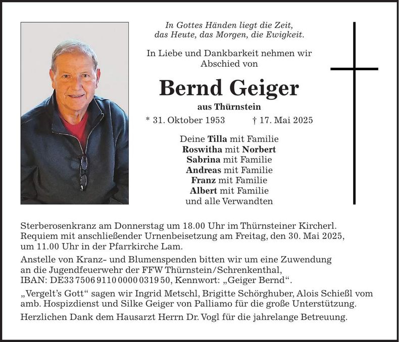 Traueranzeige Bernd Geiger