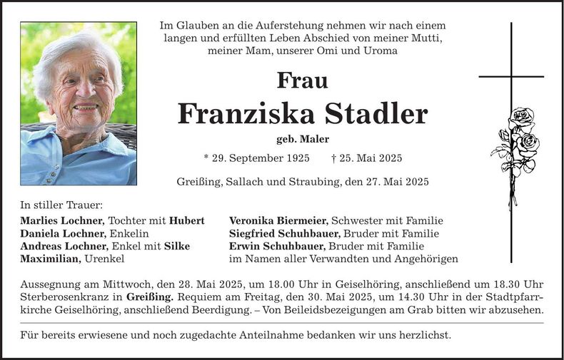 Traueranzeige Franziska Stadler