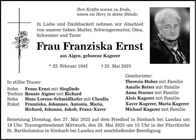 Traueranzeige Franziska Ernst