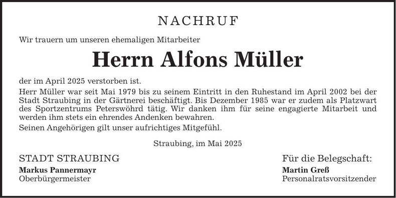 Traueranzeige Alfons Müller