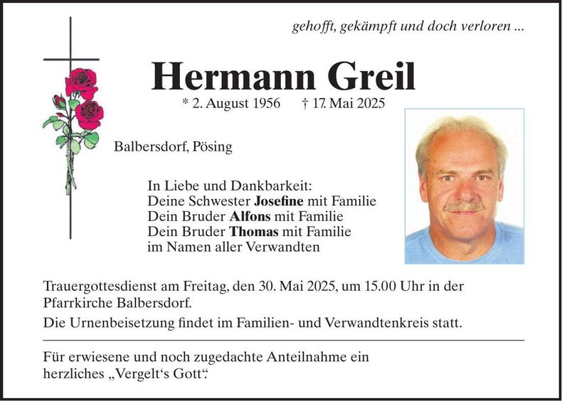 Traueranzeige Hermann Greil