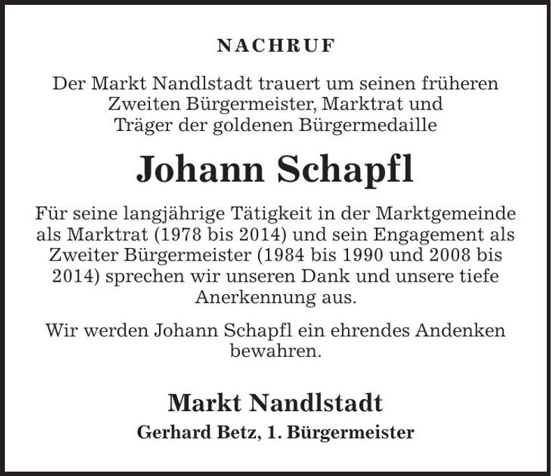 Traueranzeige Johann Schapfl