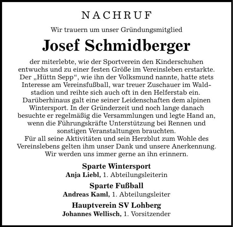 Traueranzeige Josef Schmidberger