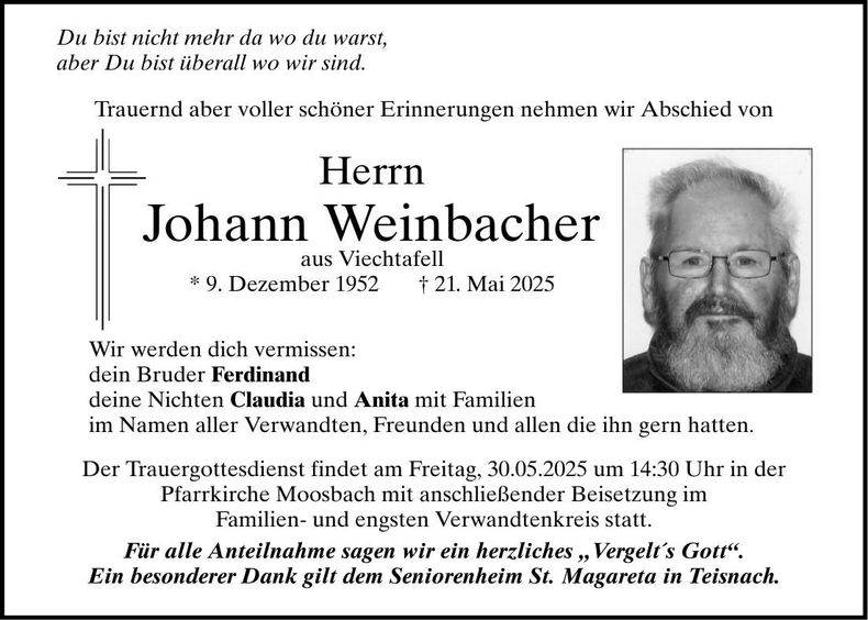 Traueranzeige Johann Weinbacher
