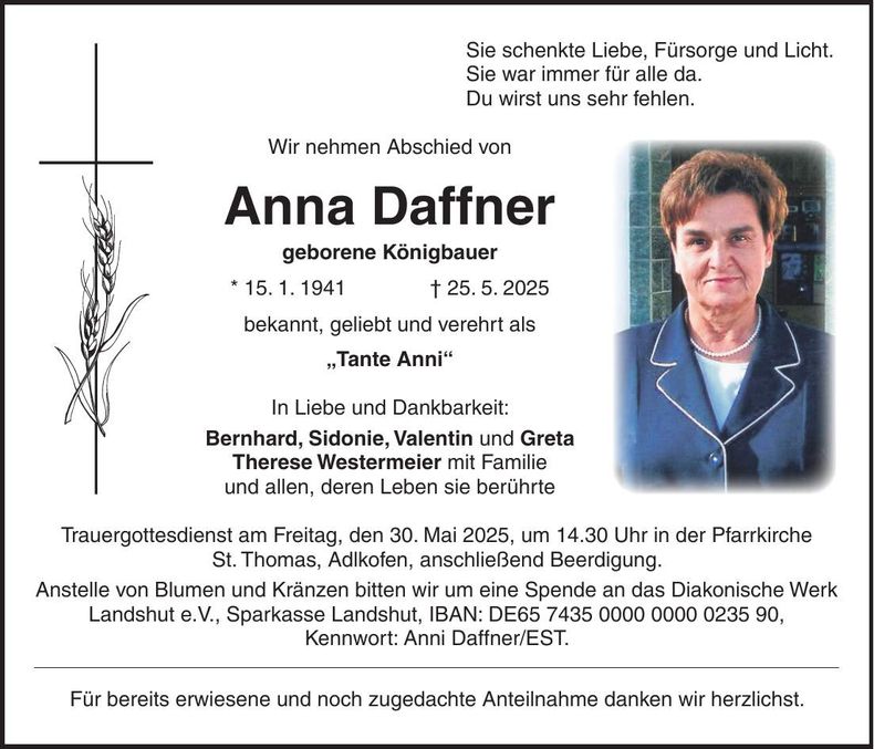 Traueranzeige Anna Daffner