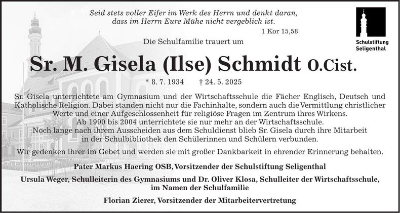 Traueranzeige Sr. M. Gisela (Ilse) Schmidt O.Cist.