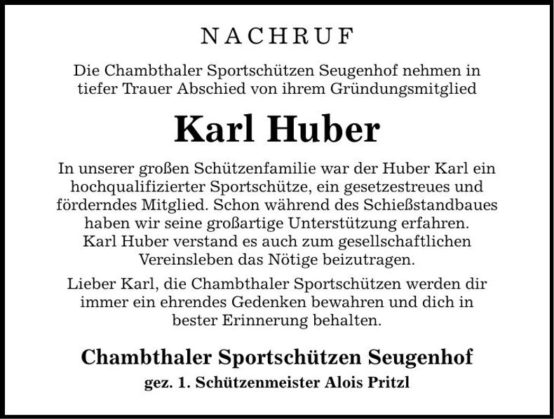 Traueranzeige Karl Huber