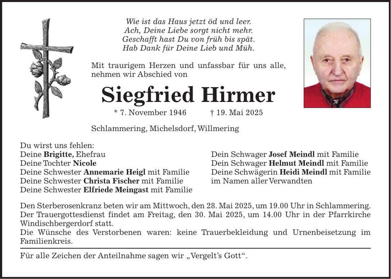 Traueranzeige Siegfried Hirmer