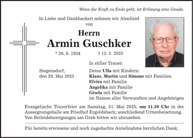 Traueranzeige Armin Guschker
