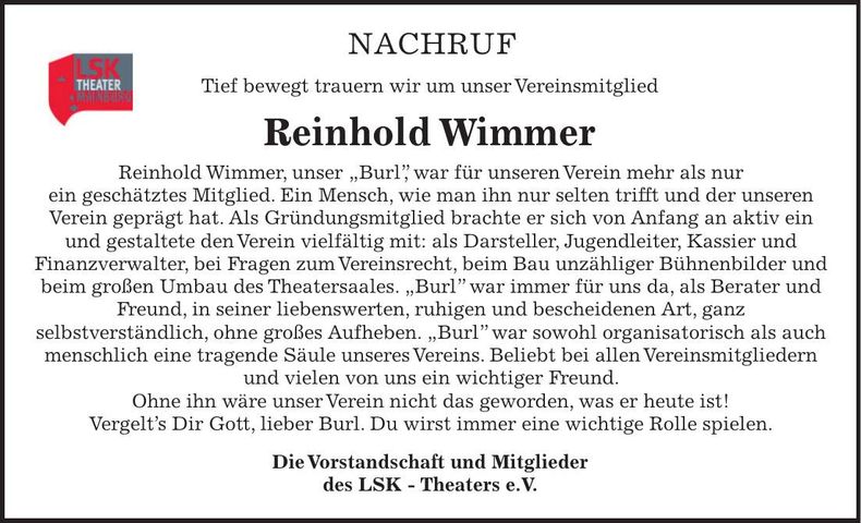 Traueranzeige Reinhold Wimmer