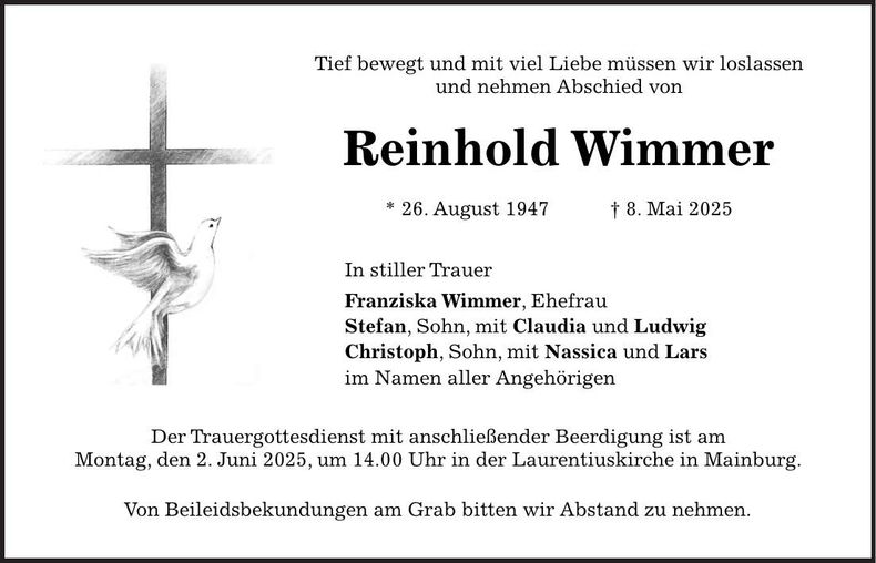Traueranzeige Reinhold Wimmer