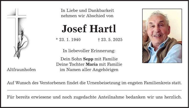 Traueranzeige Josef Hartl