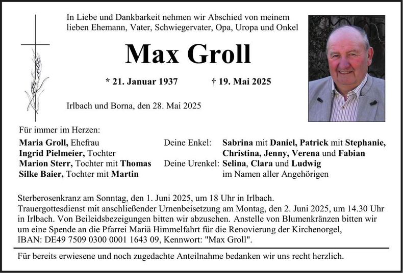 Traueranzeige Max Groll