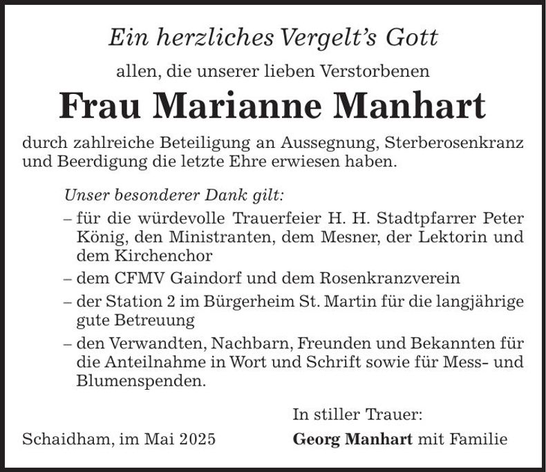 Traueranzeige Marianne Manhart