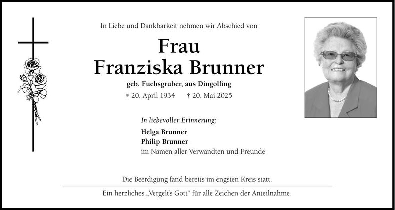 Traueranzeige Franziska Brunner
