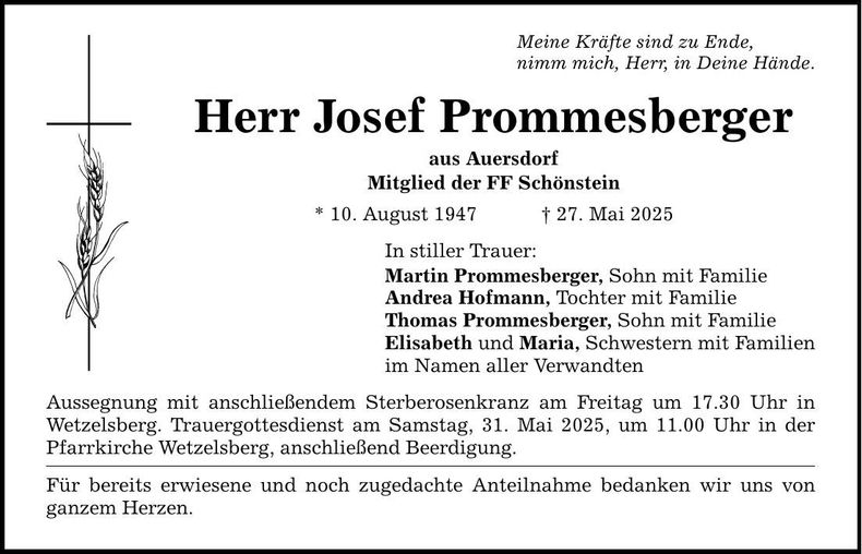 Traueranzeige Josef Prommersberger