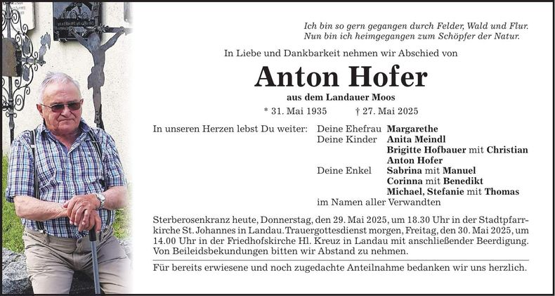 Traueranzeige Anton Hofer