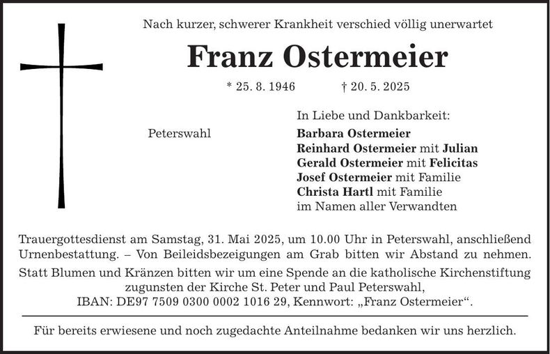 Traueranzeige Franz Ostermeier