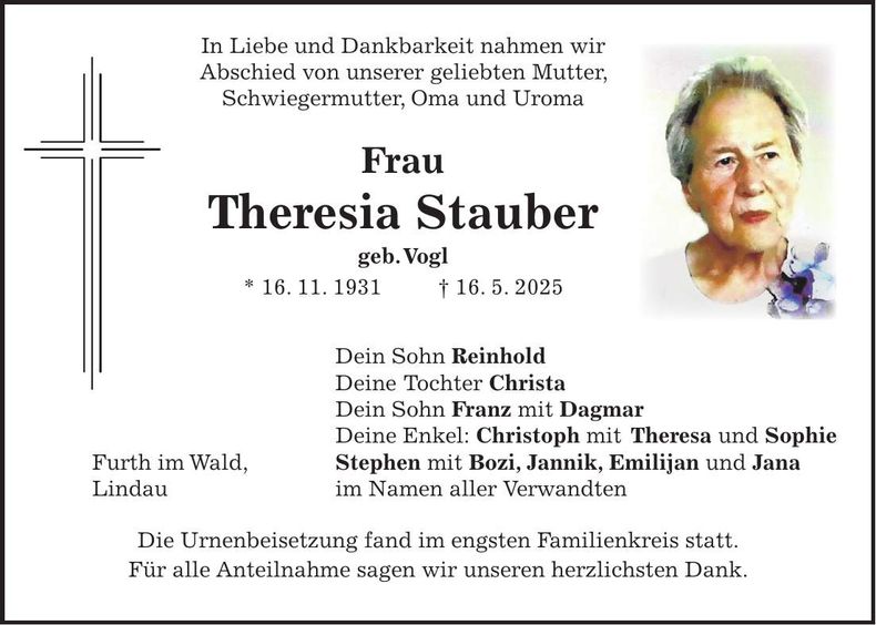 Traueranzeige Theresia Stauber