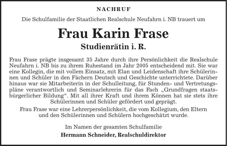 Traueranzeige Karin Frase