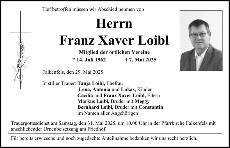Traueranzeige Franz Xaver Loibl