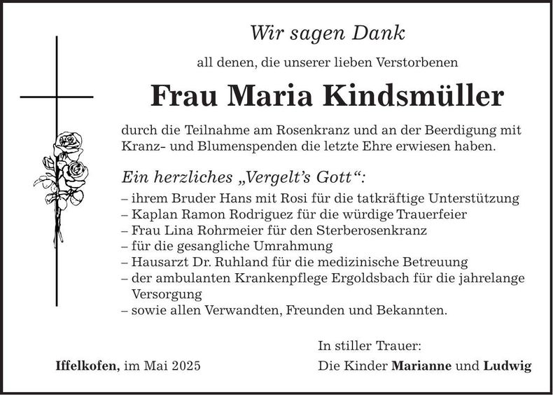 Traueranzeige Maria Kindsmüller