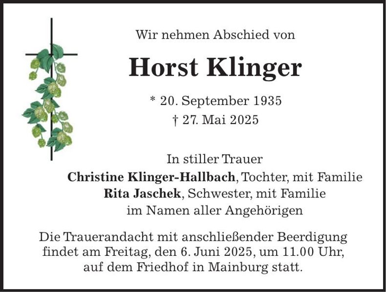 Traueranzeige Horst Klinger