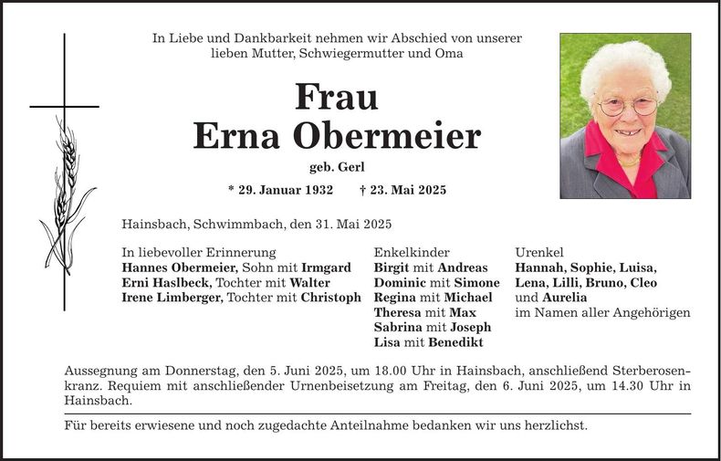 Traueranzeige Erna Obermeier