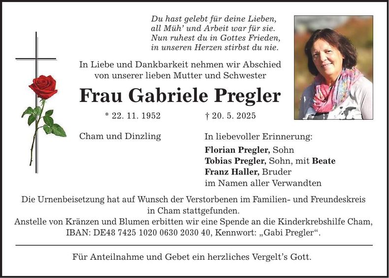 Traueranzeige Gabriele Pregler