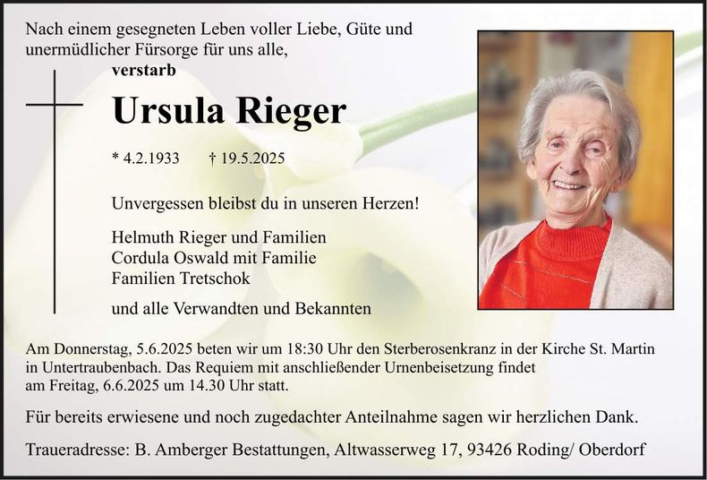 Traueranzeige Ursula Rieger