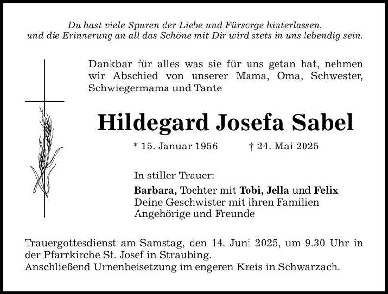 Traueranzeige Hildegard Josefa Sabel