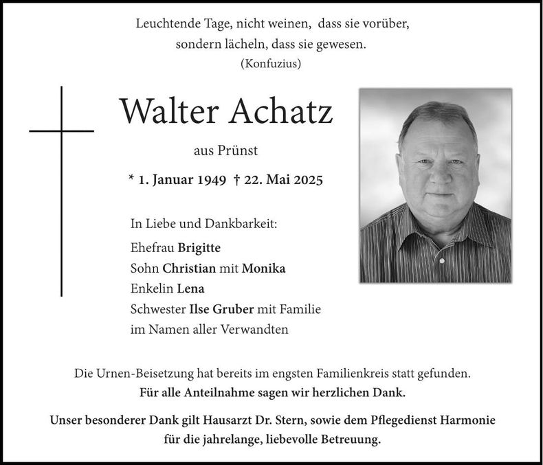 Traueranzeige Walter Achatz