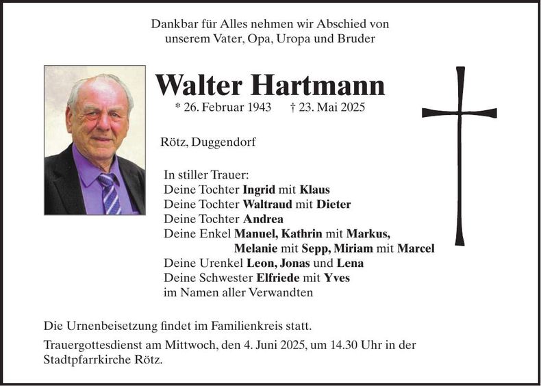 Traueranzeige Walter Hartmann