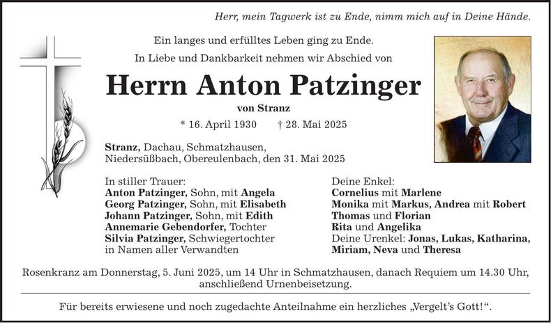 Traueranzeige Anton Patzinger