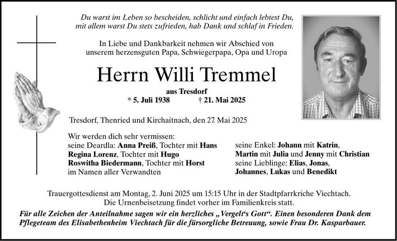 Traueranzeige Willi Tremmel