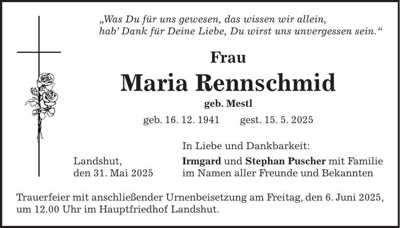 Traueranzeige Maria Rennschmid