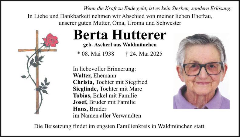 Traueranzeige Berta Hutterer