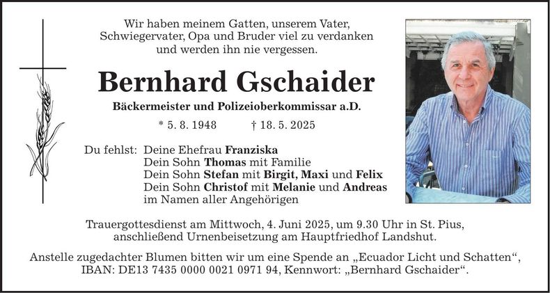 Traueranzeige Bernhard Gschaider