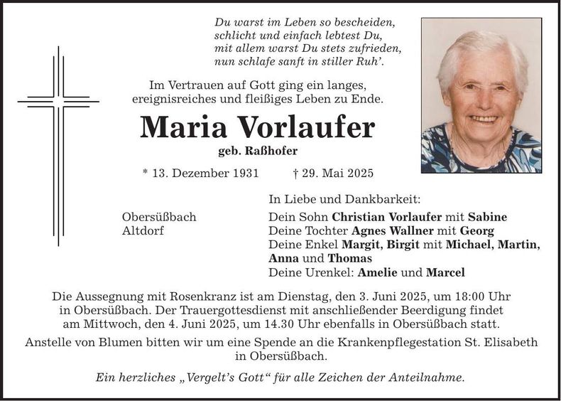 Traueranzeige Maria Vorlaufer