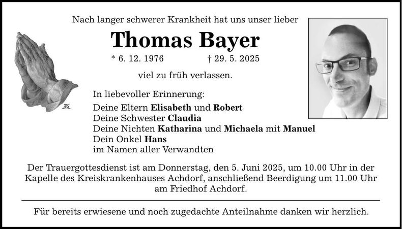 Traueranzeige Thomas Bayer