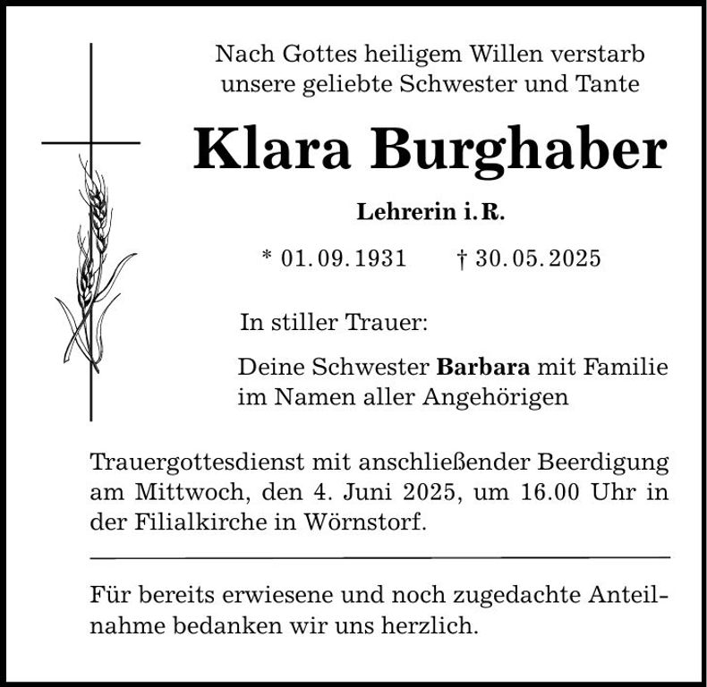 Traueranzeige Klara Burghaber