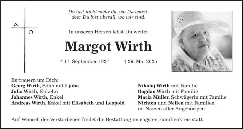 Traueranzeige Margot Wirth