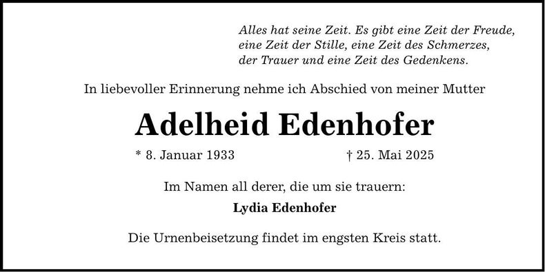Traueranzeige Adelheid Edenhofer