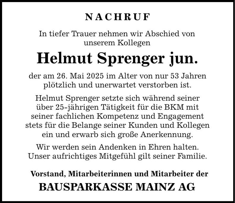 Traueranzeige Helmut Sprenger