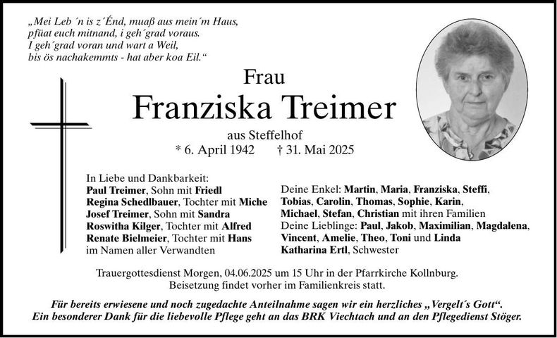 Traueranzeige Franziska Treimer