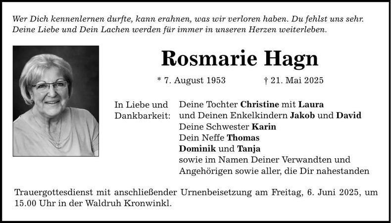 Traueranzeige Rosmarie Hagn