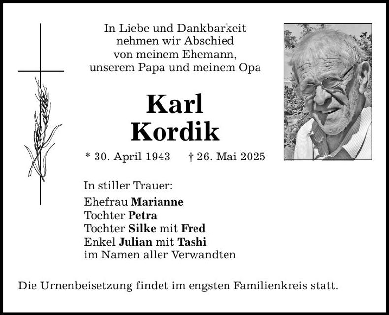 Traueranzeige Karl Kordik