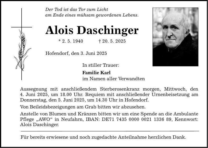 Traueranzeige Alois Daschinger